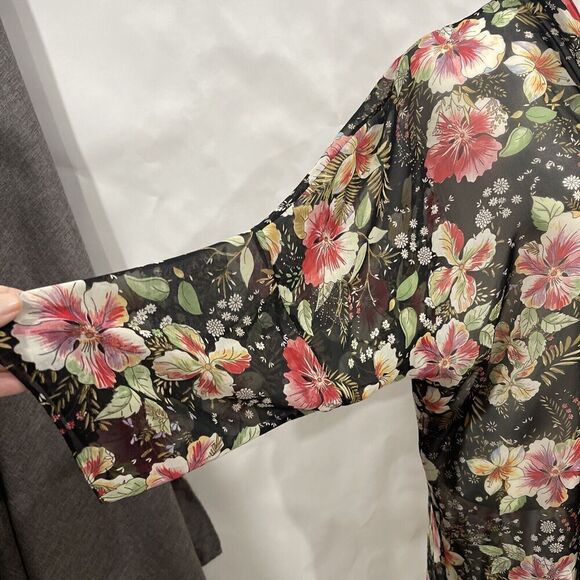Zara Woman Floral Kimono Duster Black Sheer Size Medium M - XL Side Slits Drape - Picture 5 of 11